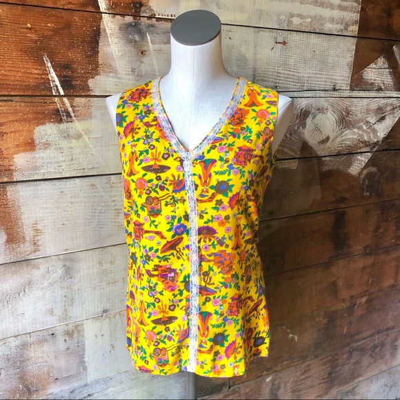 Vintage Tops - 70’s Handmade Yellow & Orange Print Blouse Lace